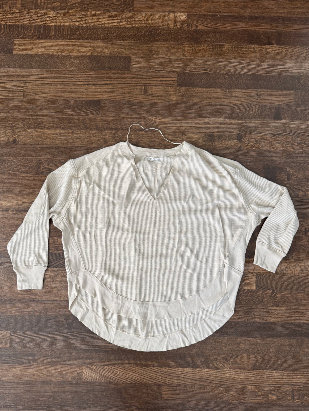 We The Free Light Beige Oversized Waffle Knit V-Neck Pullover Top
